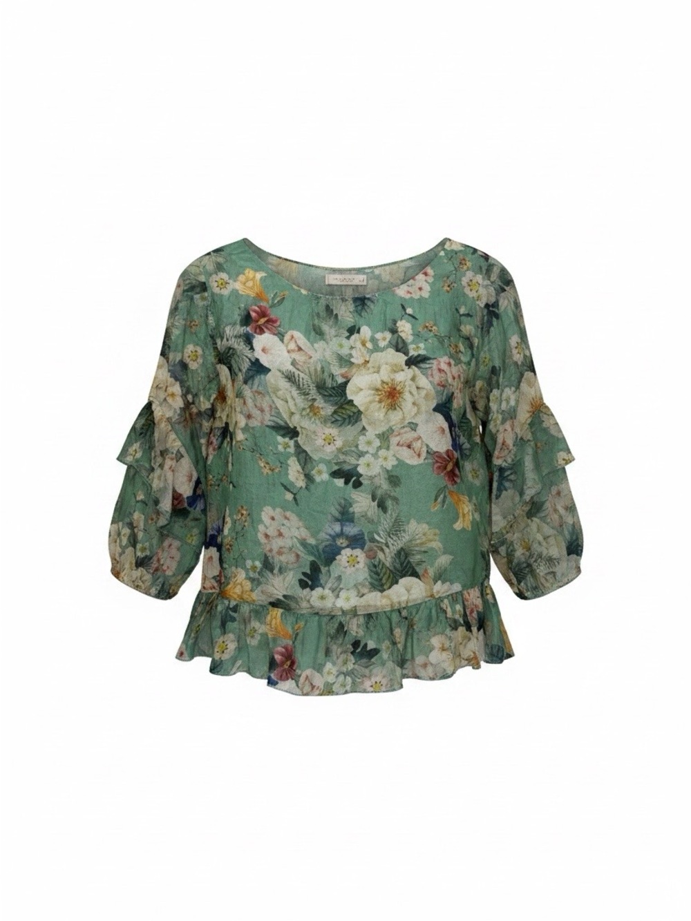 Floral Ruffle Hem Green Blouse